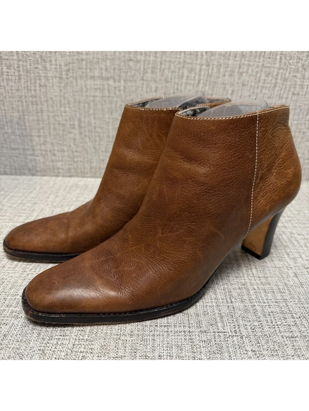 RALPH LAUREN Boots Womens Sz 7.5 Brown Leather Lenora Zip Ankle Heels BRAZIL